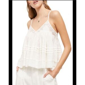 Free People White Tank Top Lace Floral Womens Size Small Linen Blend Babydoll
